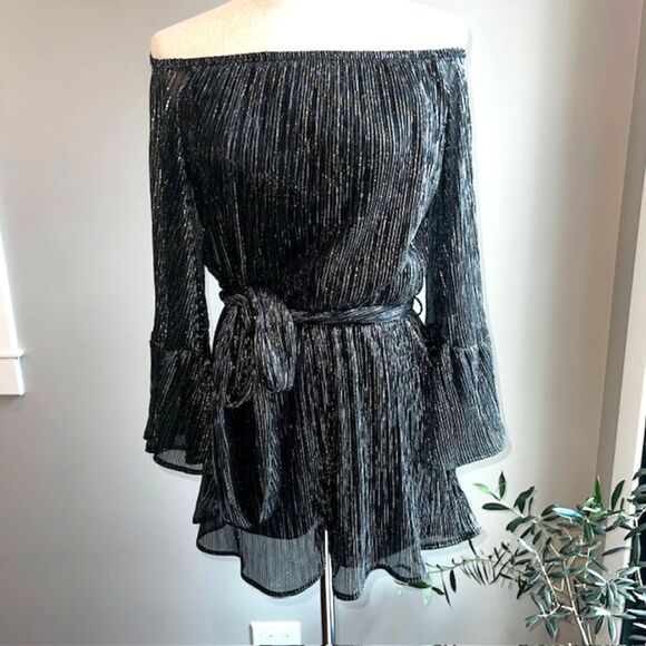 Lush Black Off the Shoulder Bell Sleeve Romper with Silver  Accents Size L - Picture 2 of 8